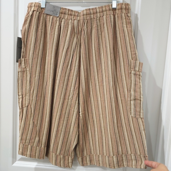 Ladies Striped Linen Blend Tan Women's Shorts, Elastic Drawstring Waist, XL - Picture 5 of 12